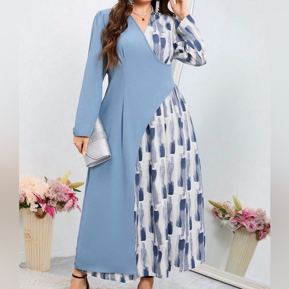 Plus Size Printed Patchwork Wrap Dress